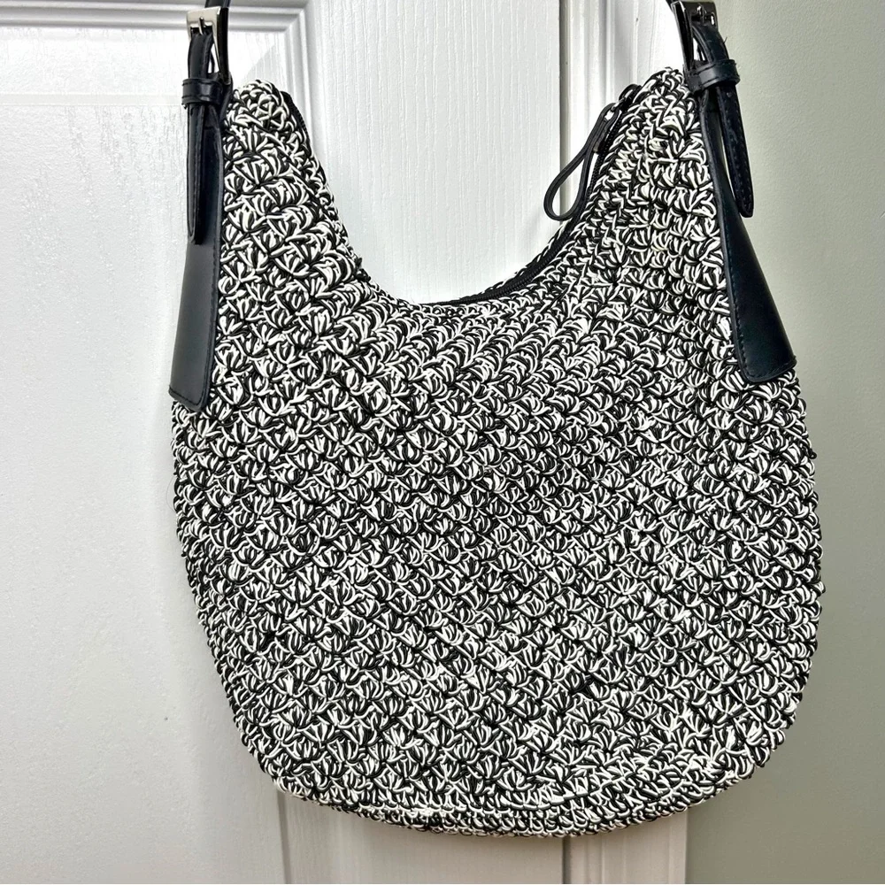 Nine West Black Cream Woven Texture Leather Strap Hobo Shoulder Bag Zip Closure